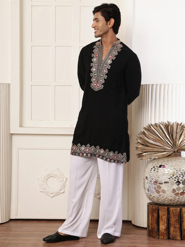 Black Zari Yoke Design Blended Straight Kurta for Men - Image 4