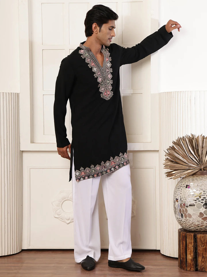 Black Zari Yoke Design Blended Straight Kurta for Men - Image 5