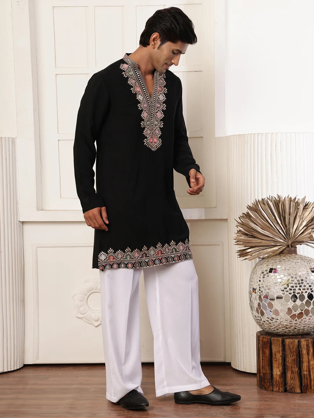 Black Zari Yoke Design Blended Straight Kurta for Men - Image 6