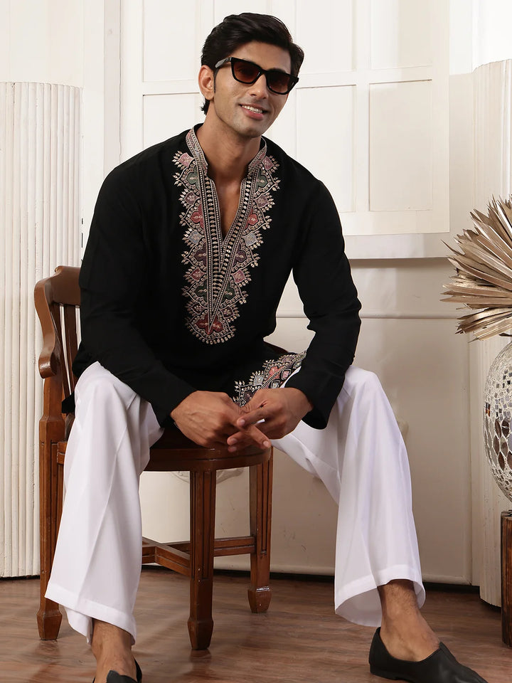 Black Zari Yoke Design Blended Straight Kurta for Men - Image 9