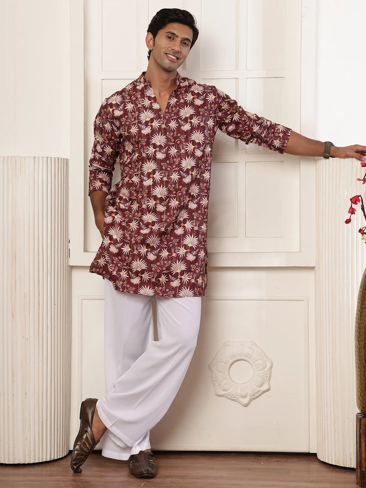 Brown Thread Work Yoke Design Blended Straight Kurta for Men - Image 1