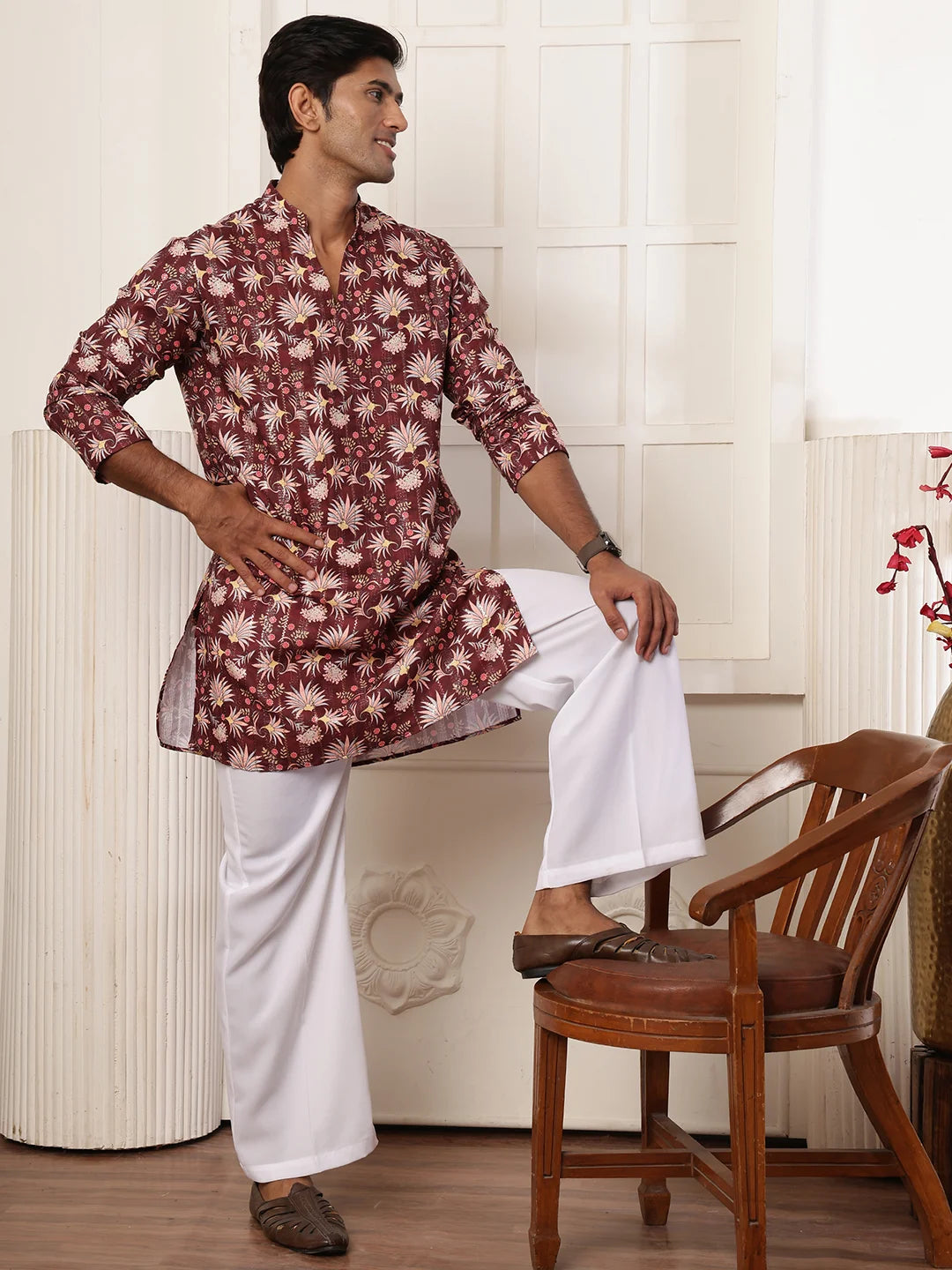 Brown Thread Work Yoke Design Blended Straight Kurta for Men - Image 10