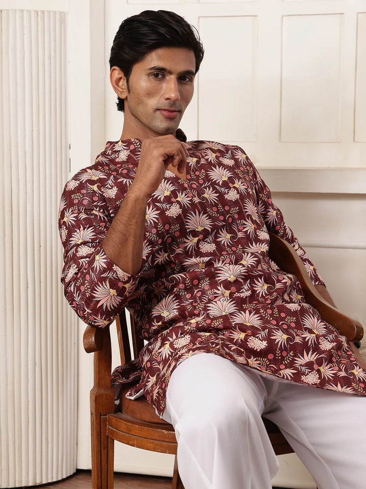Brown Thread Work Yoke Design Blended Straight Kurta for Men - Image 11