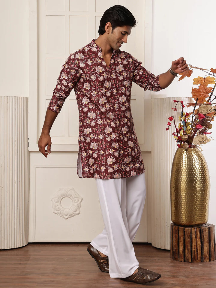 Brown Thread Work Yoke Design Blended Straight Kurta for Men - Image 12