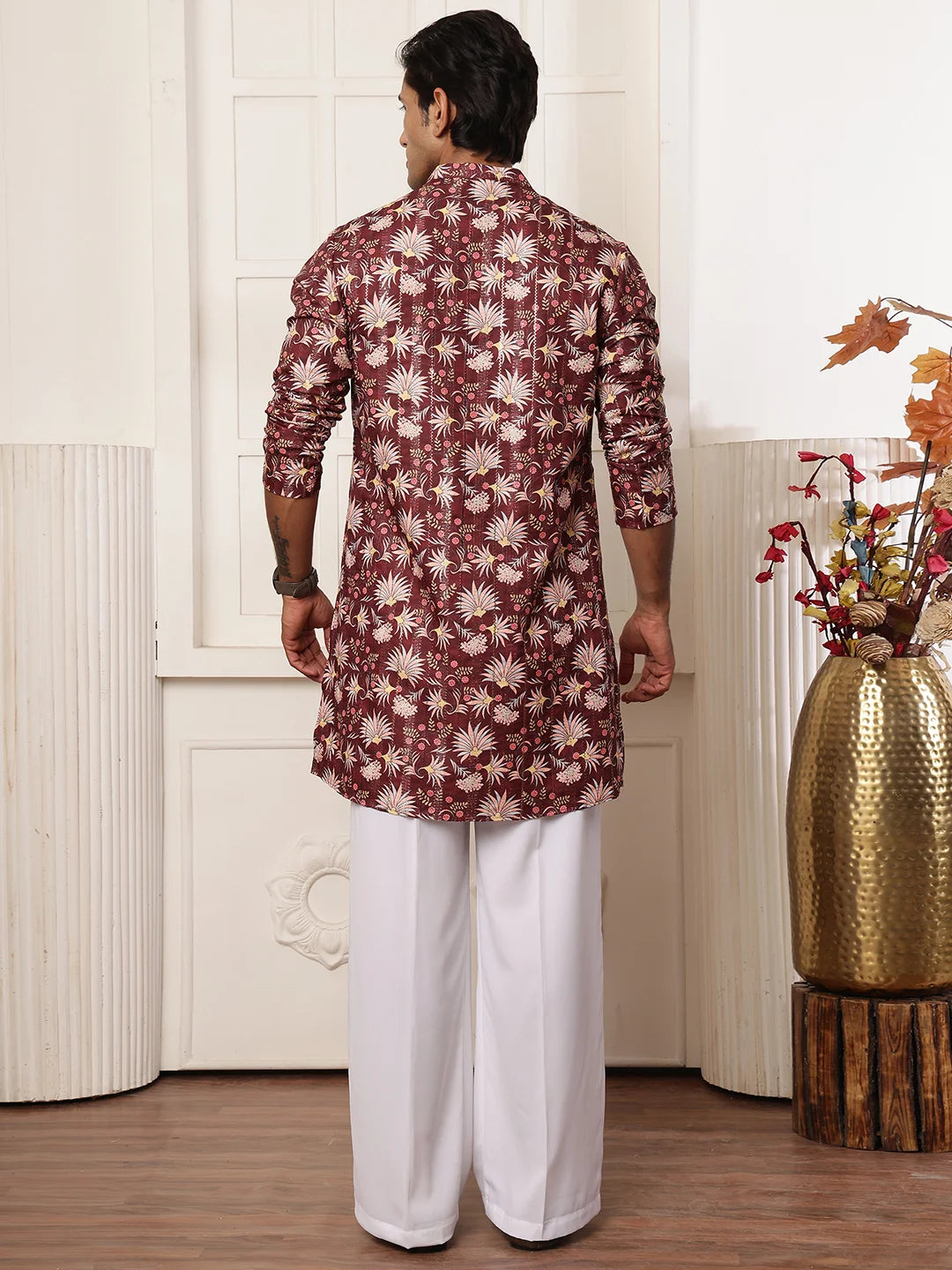 Brown Thread Work Yoke Design Blended Straight Kurta for Men - Image 2