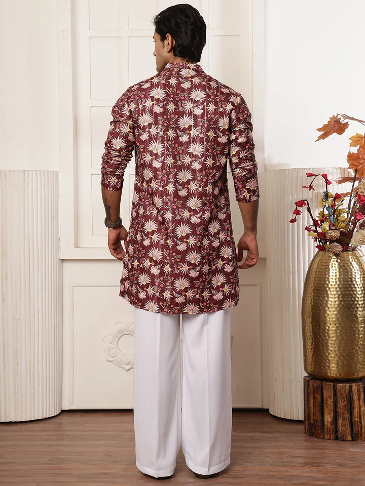 Brown Thread Work Yoke Design Blended Straight Kurta for Men - Image 2