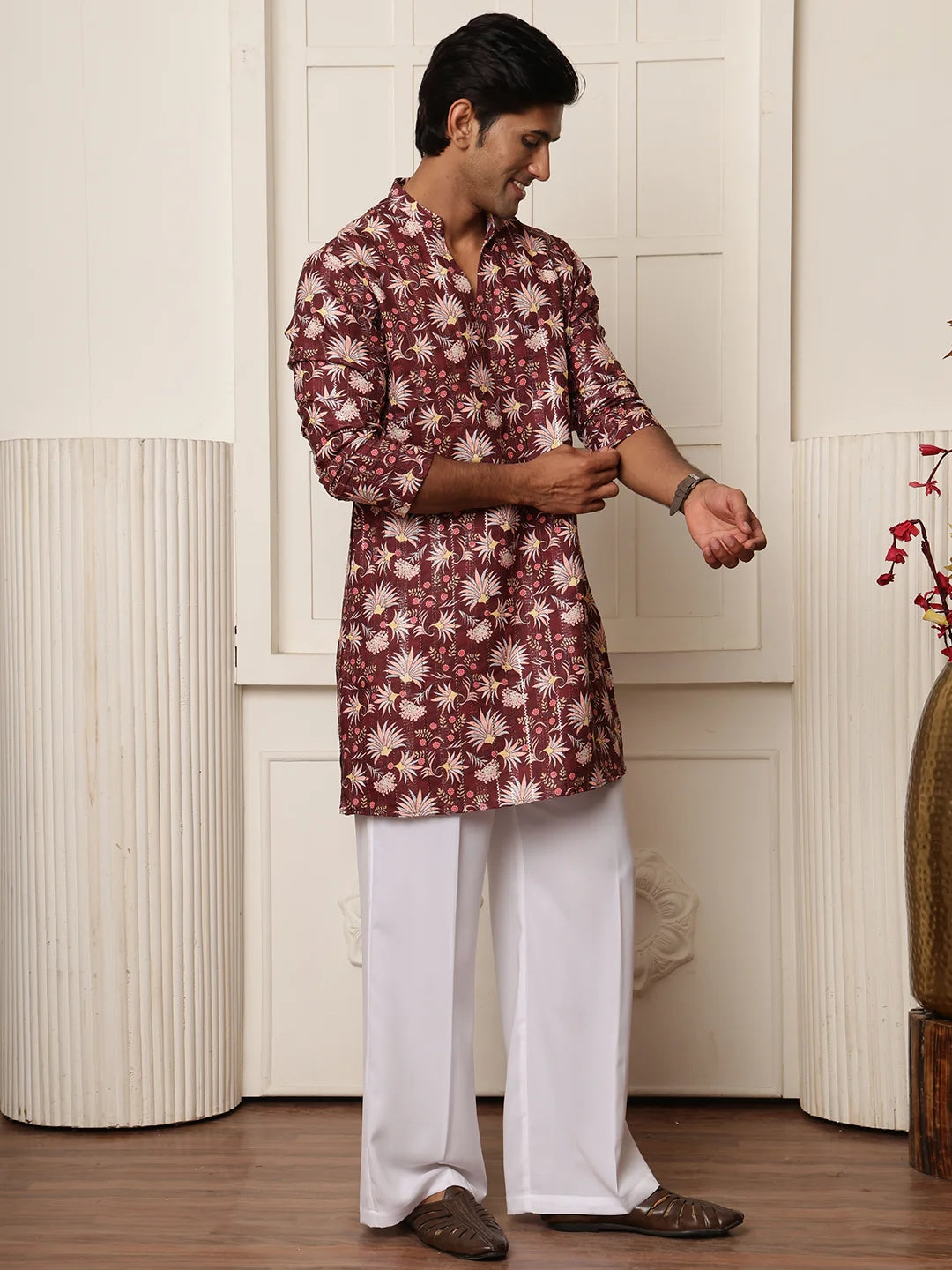 Brown Thread Work Yoke Design Blended Straight Kurta for Men - Image 3