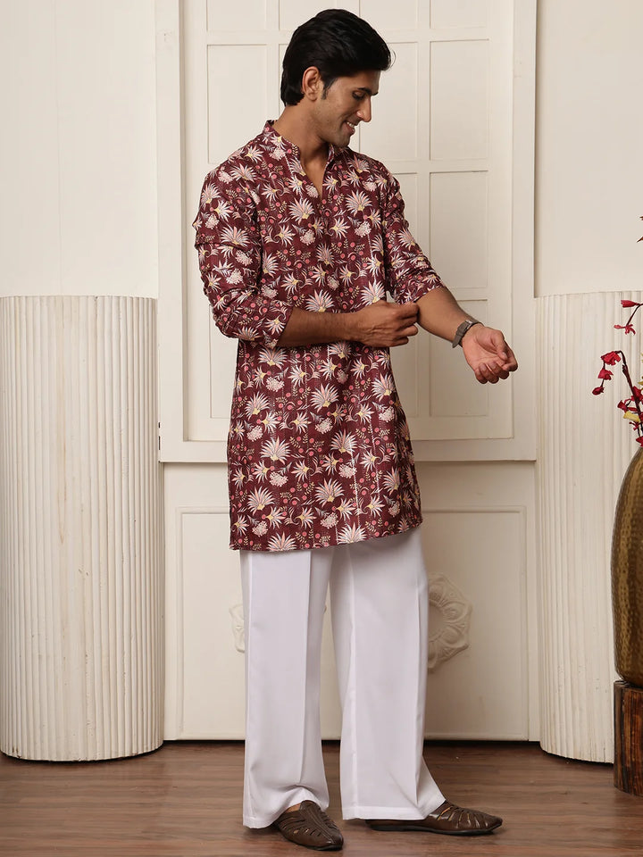 Brown Thread Work Yoke Design Blended Straight Kurta for Men - Image 3