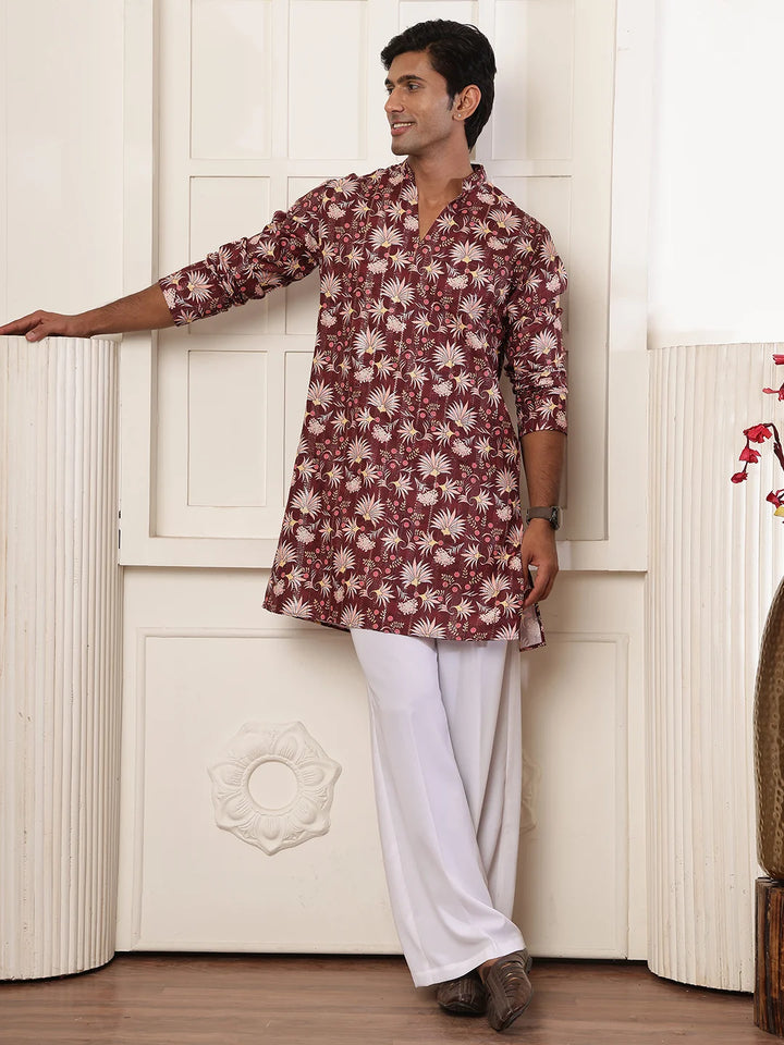 Brown Thread Work Yoke Design Blended Straight Kurta for Men - Image 4