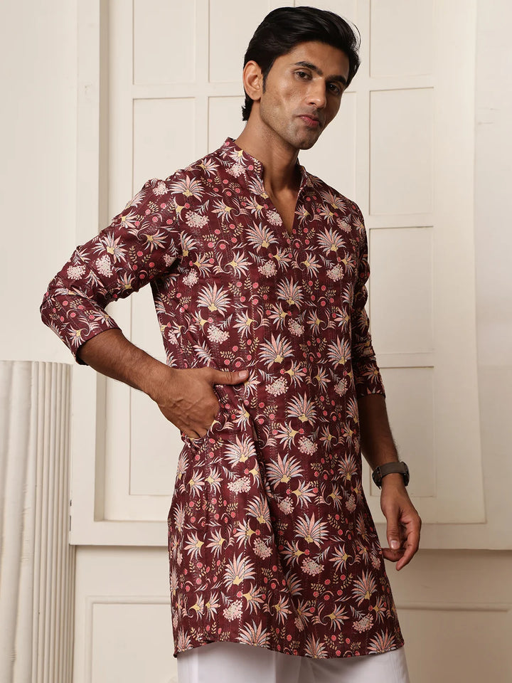 Brown Thread Work Yoke Design Blended Straight Kurta for Men - Image 5