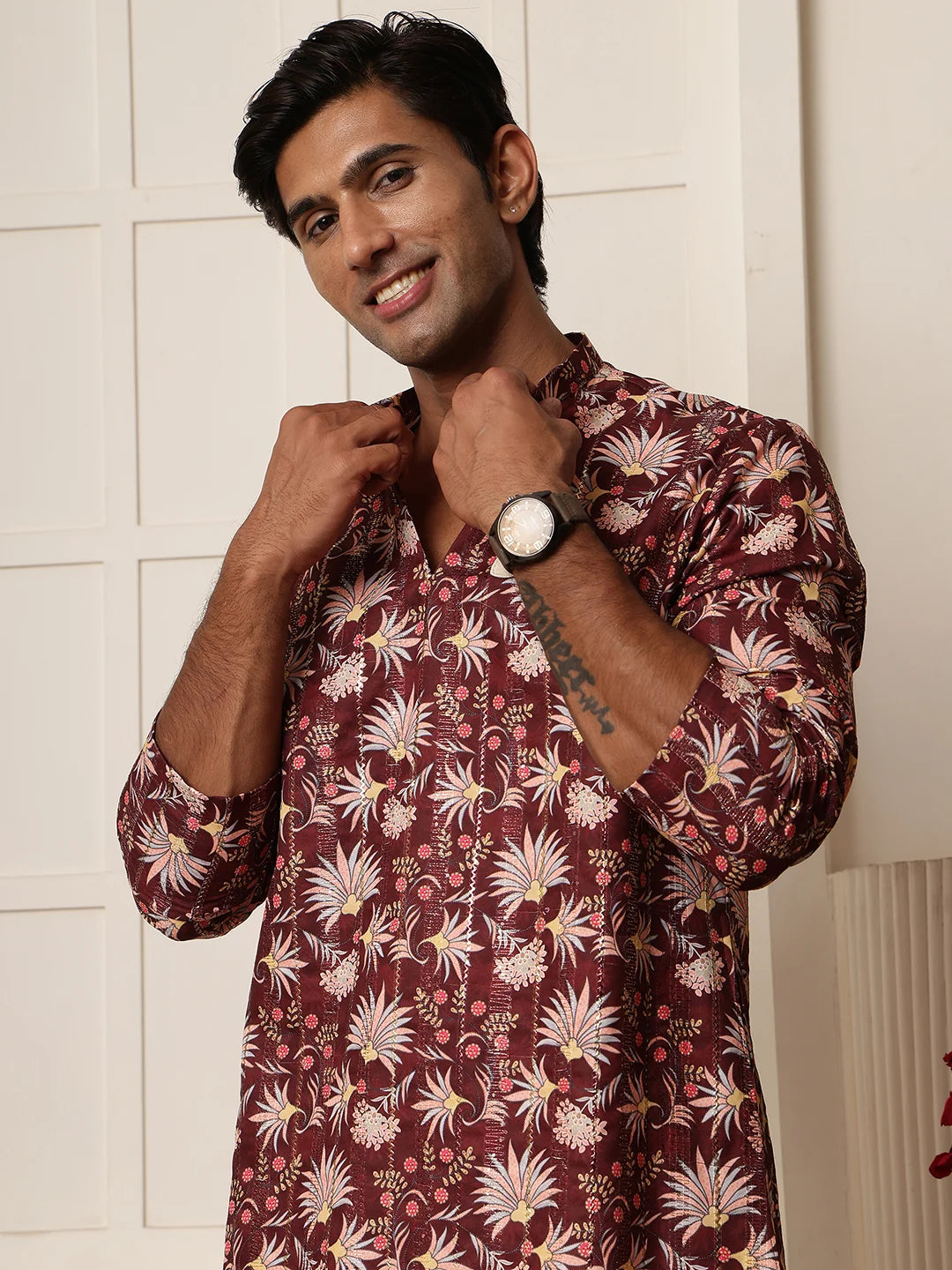 Brown Thread Work Yoke Design Blended Straight Kurta for Men - Image 7
