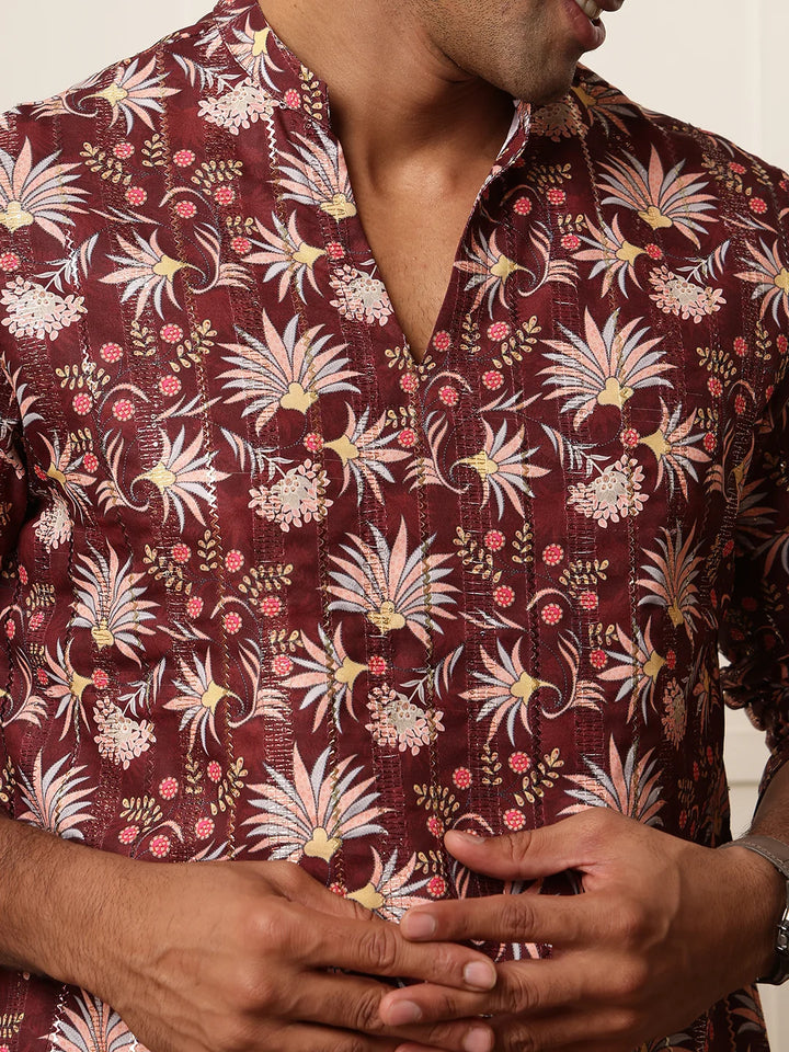 Brown Thread Work Yoke Design Blended Straight Kurta for Men - Image 8