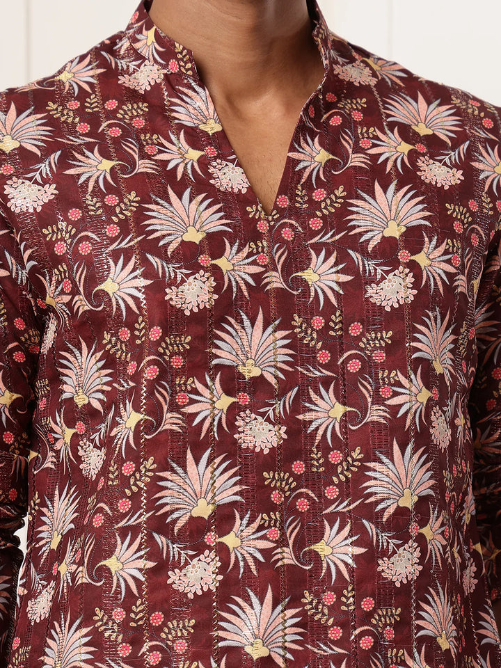 Brown Thread Work Yoke Design Blended Straight Kurta for Men - Image 9