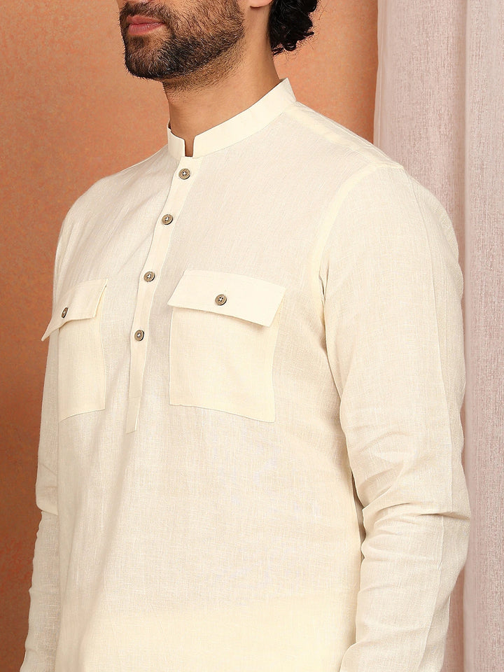 Men's Cream Linen Solid Pathani Co-ord Set
