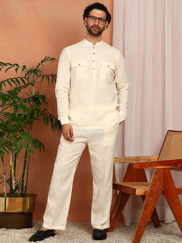 Men's Cream Linen Solid Pathani Co-ord Set