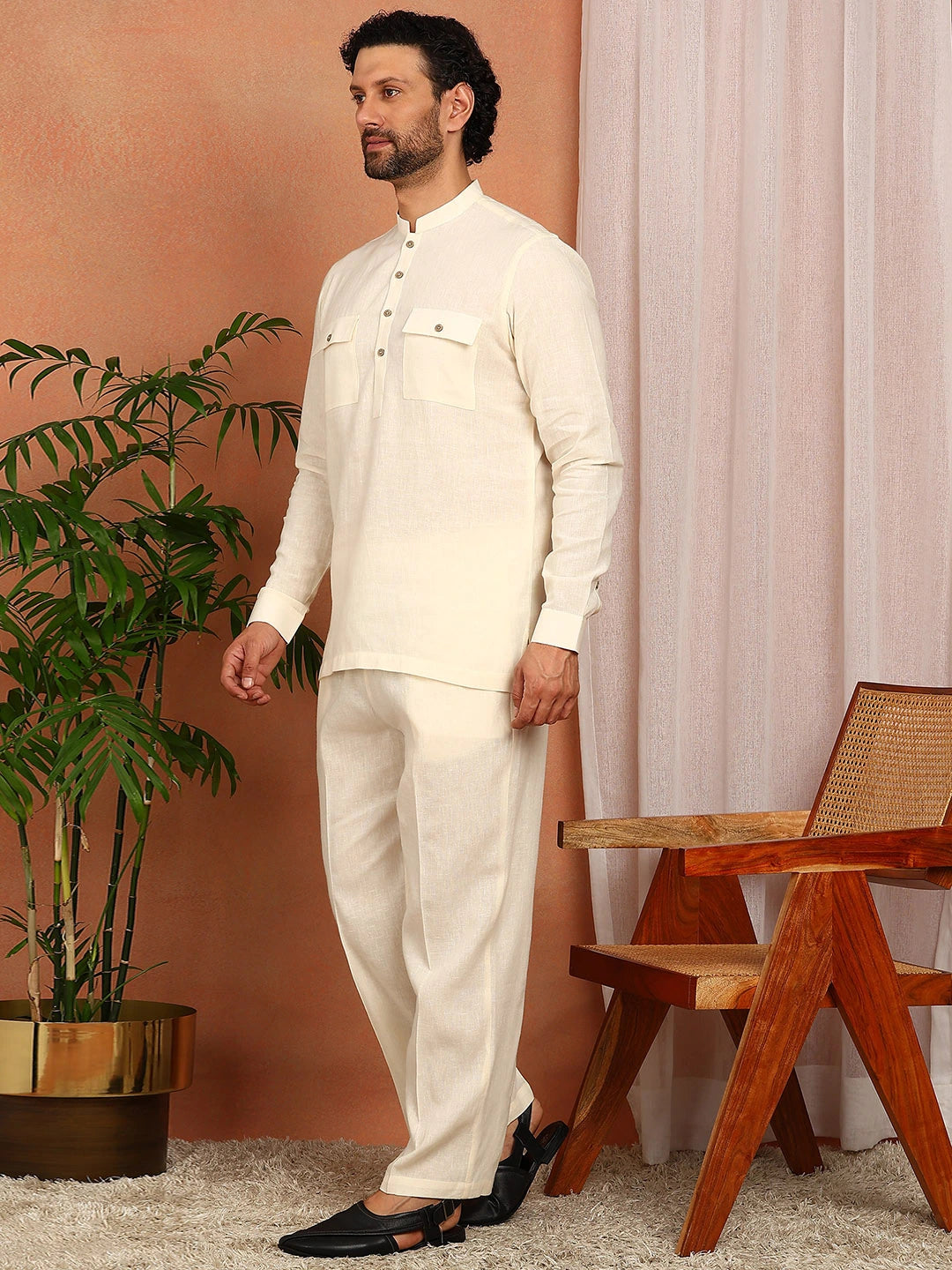 Men's Cream Linen Solid Pathani Co-ord Set
