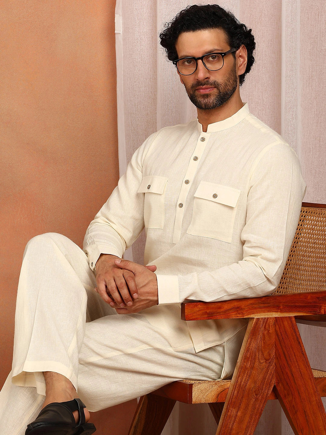 Men's Cream Linen Solid Pathani Co-ord Set