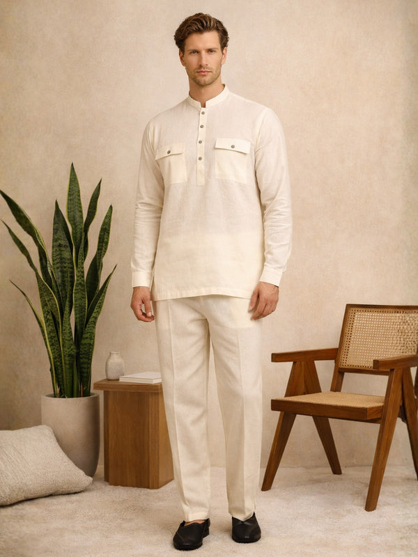 Cream Linen Solid Pathani Co-ord Set