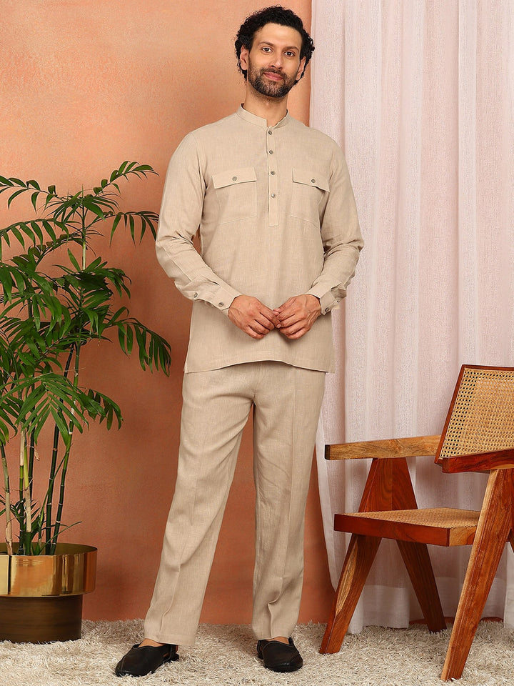 Men's Beige Linen Solid Pathani Co-ord Set