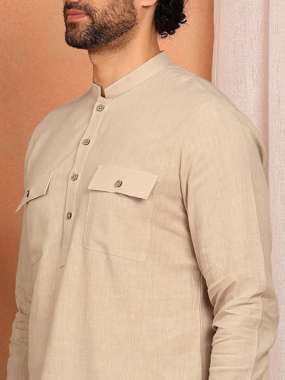 Men's Beige Linen Solid Pathani Co-ord Set