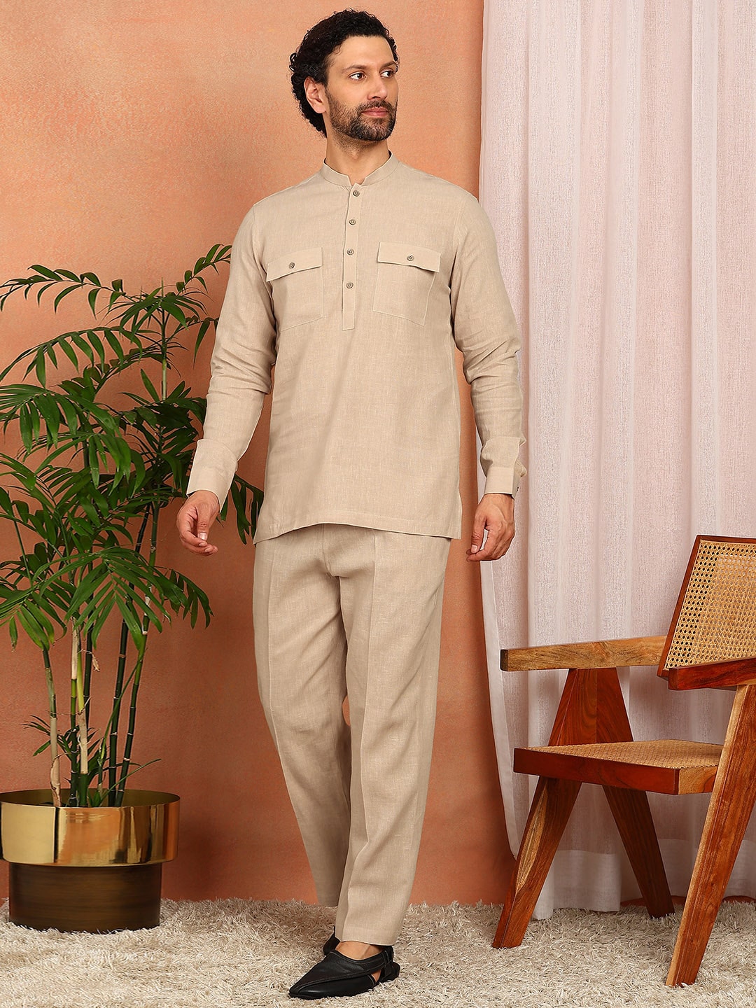 Men's Beige Linen Solid Pathani Co-ord Set