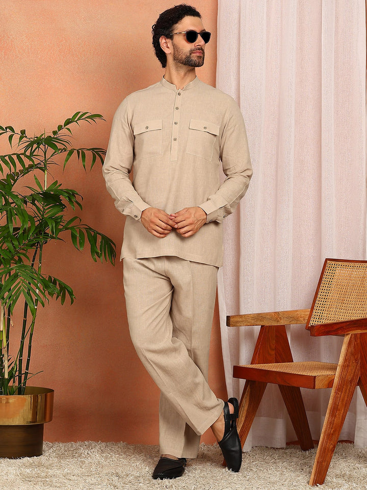 Men's Beige Linen Solid Pathani Co-ord Set