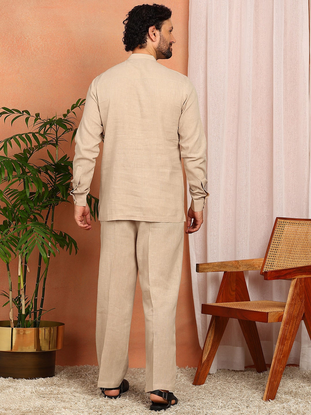 Men's Beige Linen Solid Pathani Co-ord Set