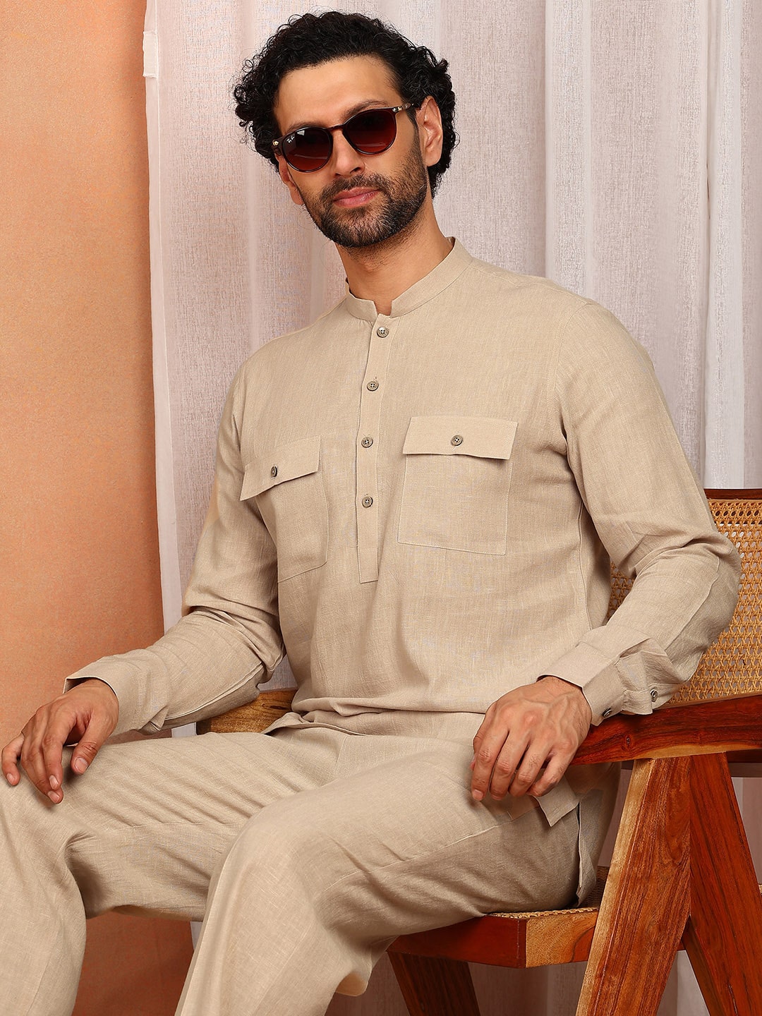 Men's Beige Linen Solid Pathani Co-ord Set