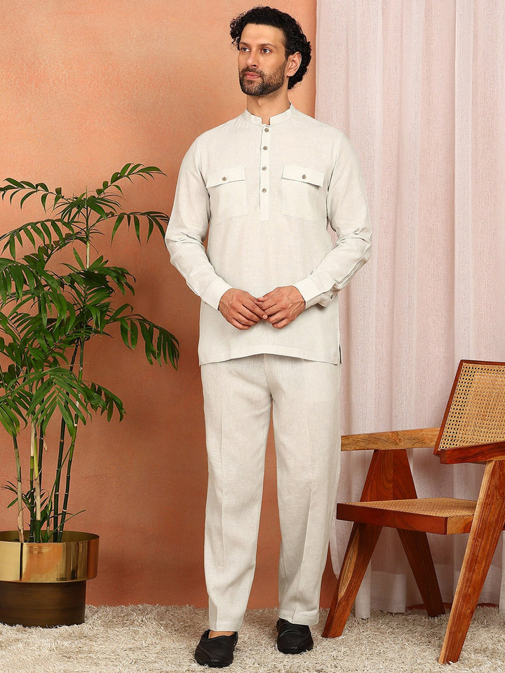 Men's Cream Linen Solid Pathani Co-ord Set