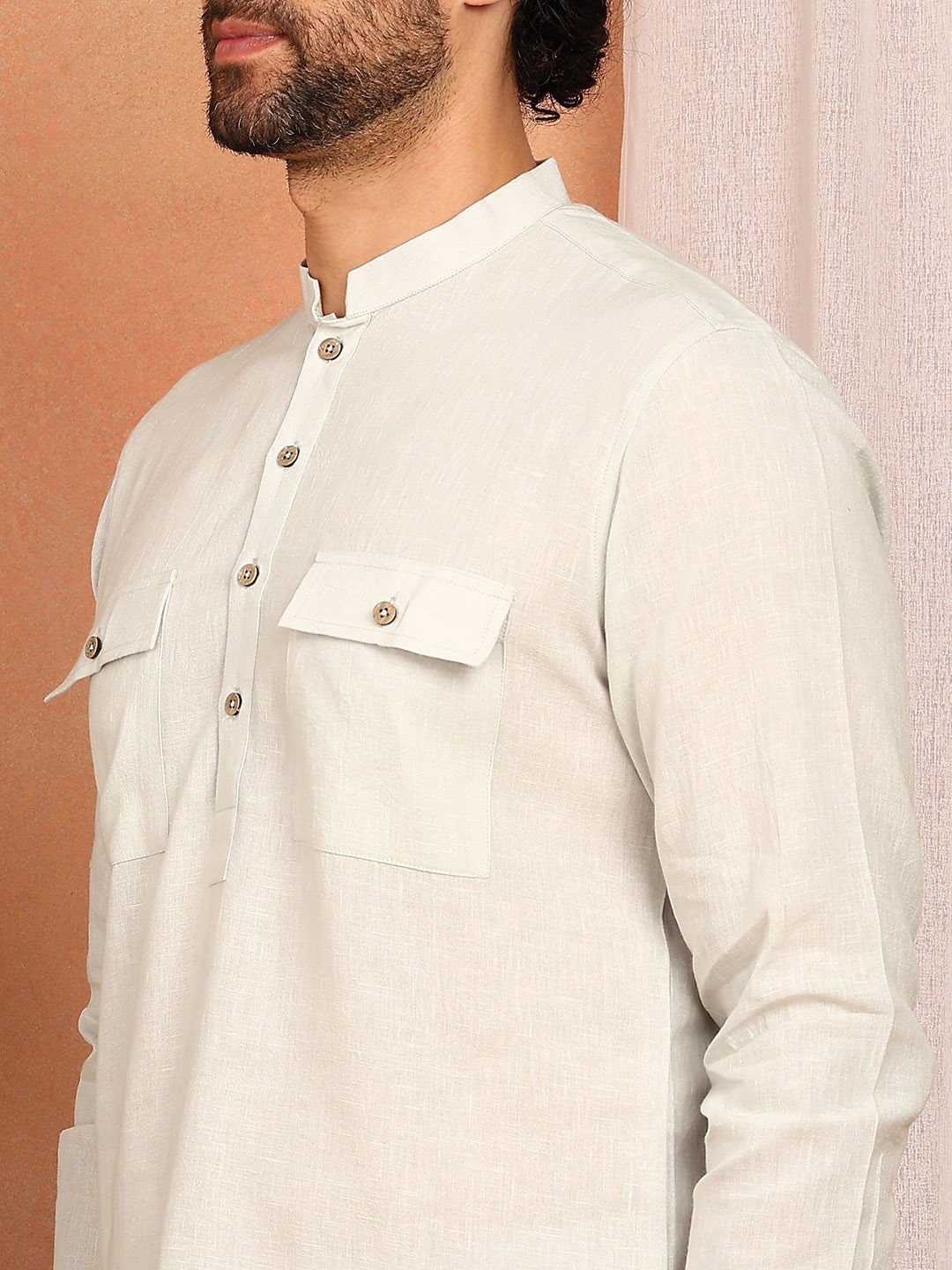 Men's Cream Linen Solid Pathani Co-ord Set