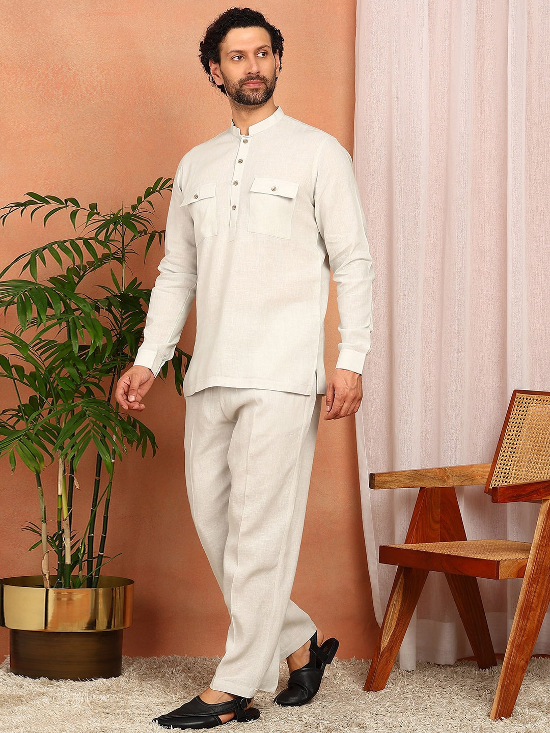Men's Cream Linen Solid Pathani Co-ord Set