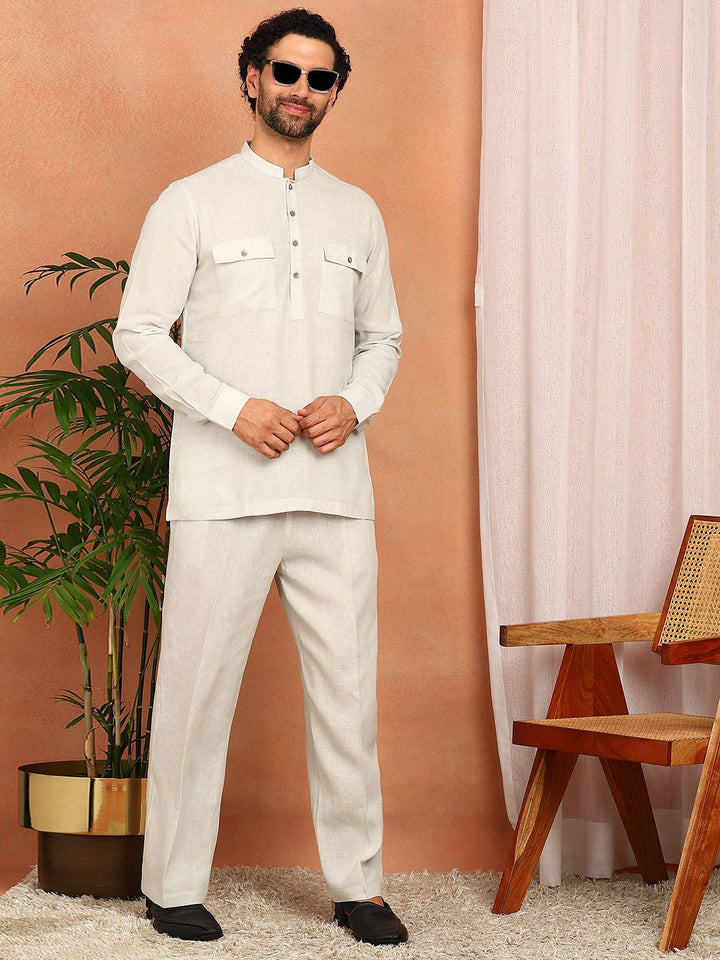 Men's Cream Linen Solid Pathani Co-ord Set