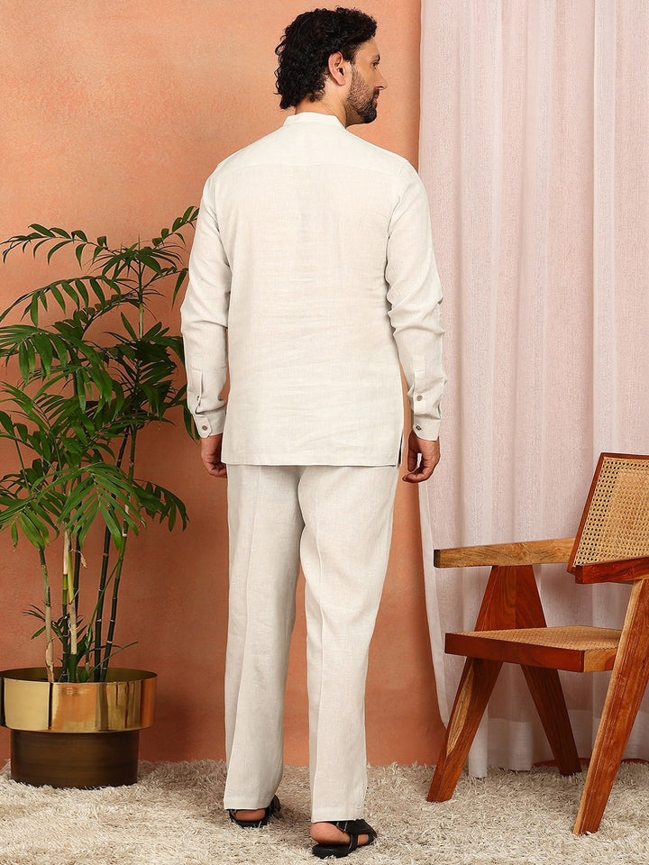 Men's Cream Linen Solid Pathani Co-ord Set