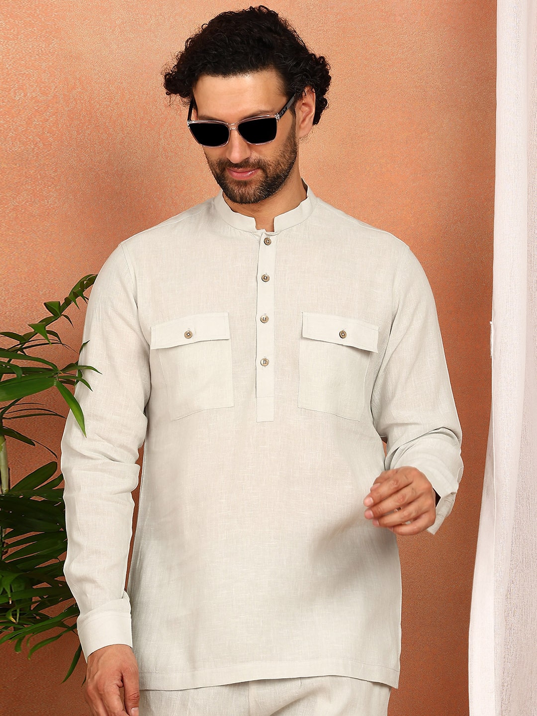 Men's Cream Linen Solid Pathani Co-ord Set