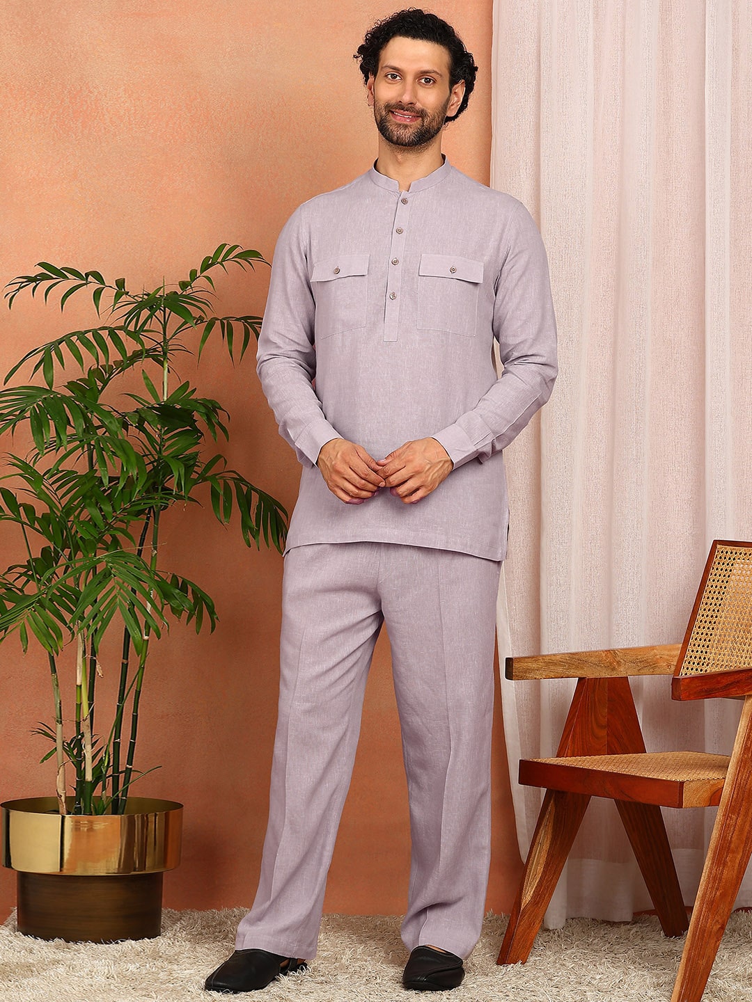 Men's Pastel Purple Linen Solid Pathani Co-ord Set