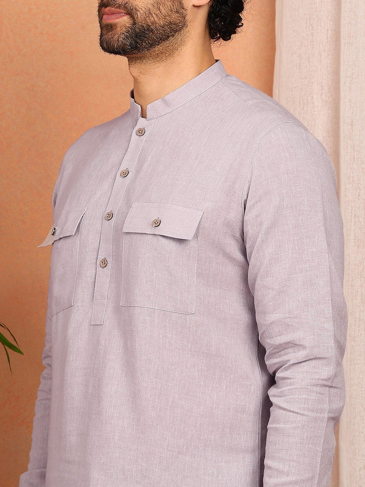 Men's Pastel Purple Linen Solid Pathani Co-ord Set