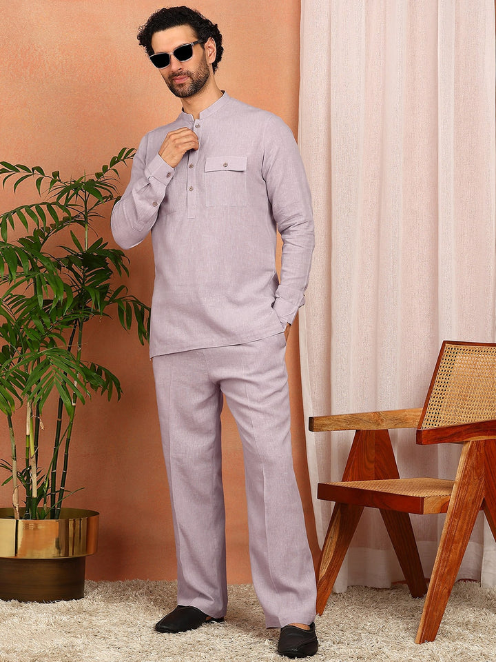 Men's Pastel Purple Linen Solid Pathani Co-ord Set