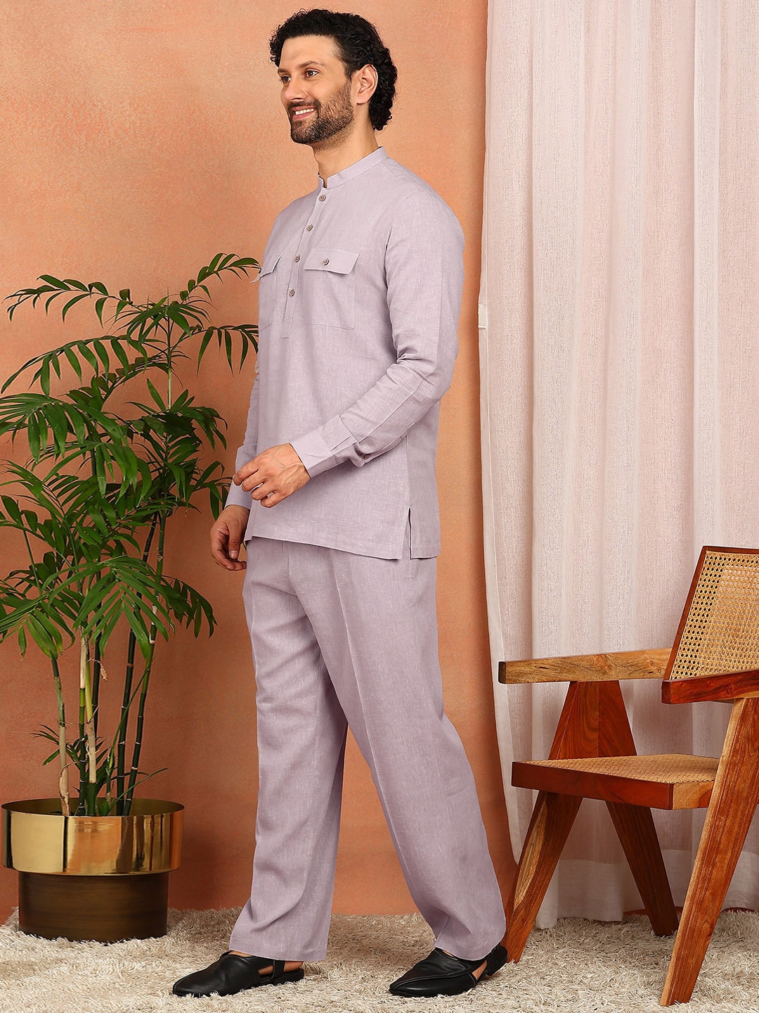 Men's Pastel Purple Linen Solid Pathani Co-ord Set