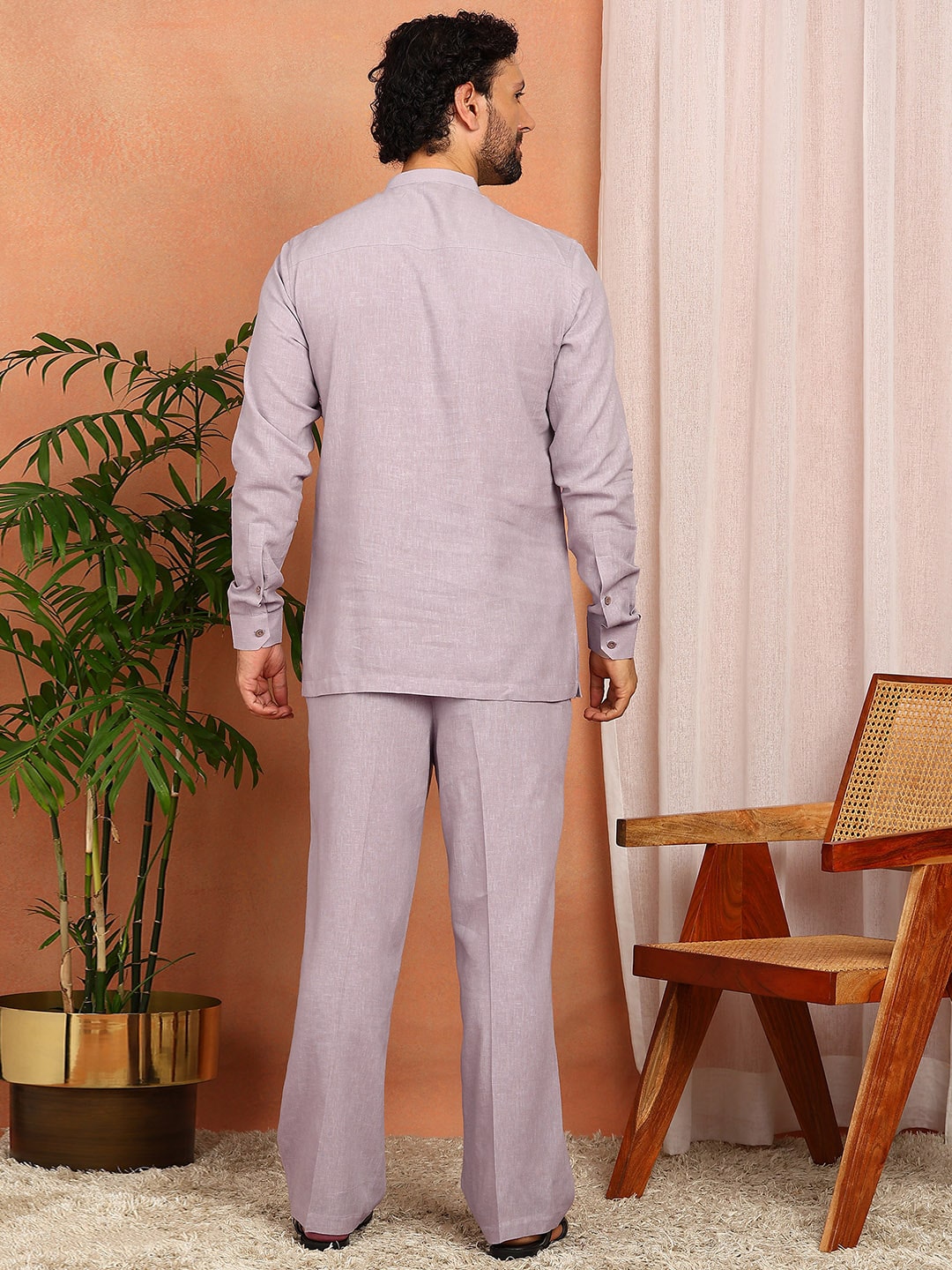 Men's Pastel Purple Linen Solid Pathani Co-ord Set
