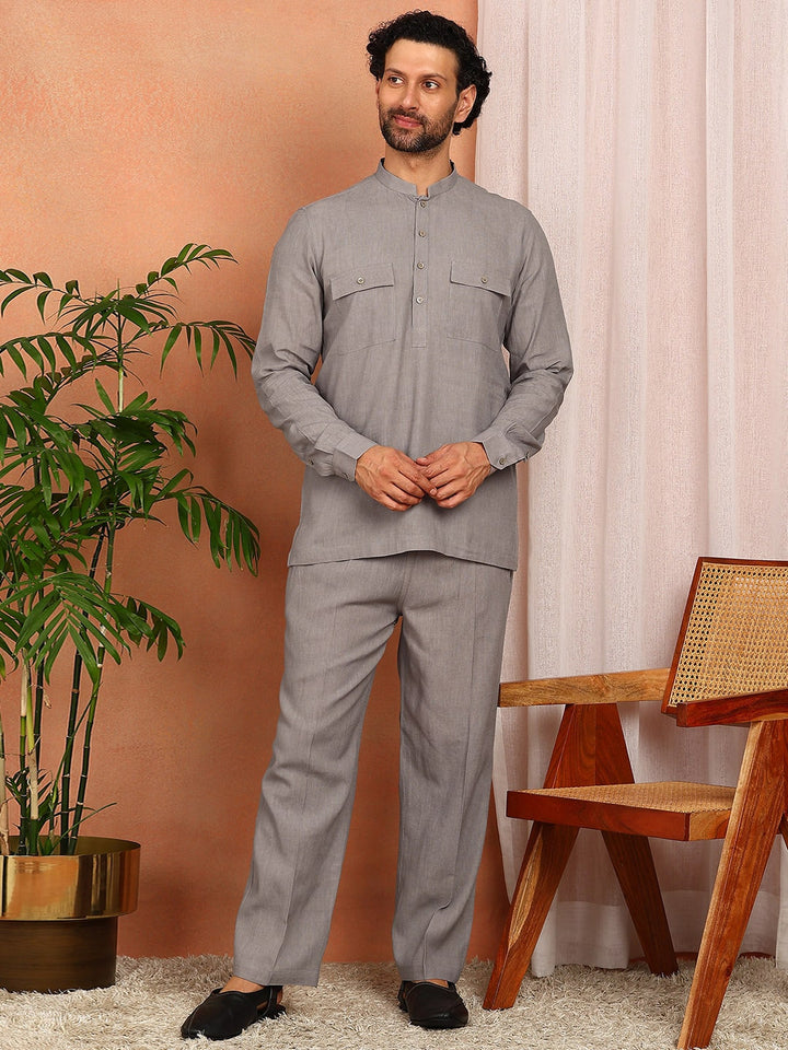 Men's Gray Linen Solid Pathani Co-ord Set