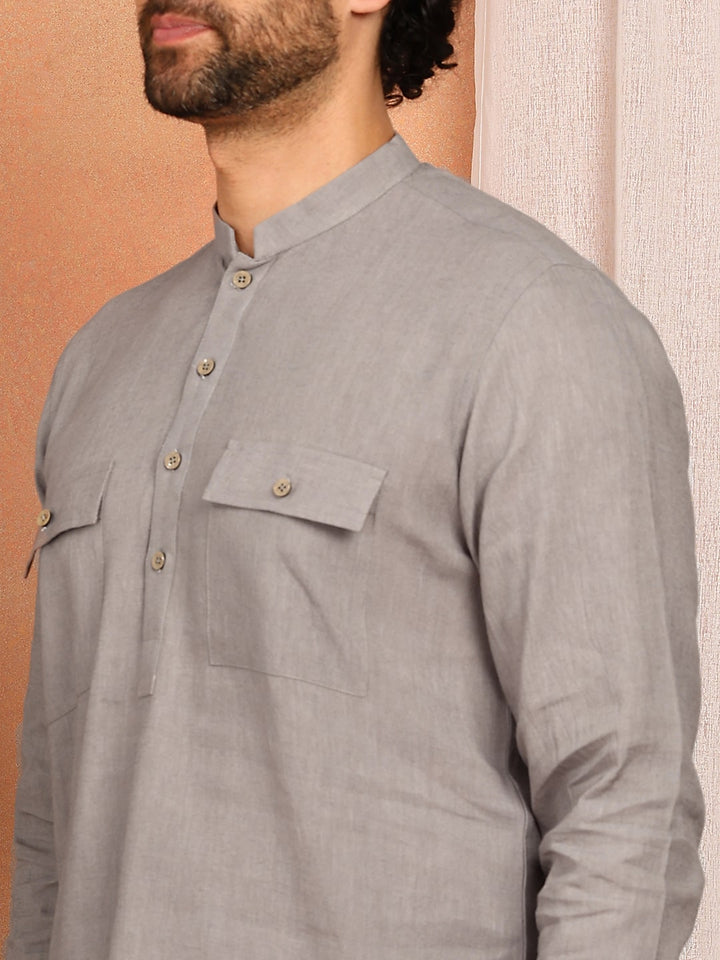 Men's Gray Linen Solid Pathani Co-ord Set