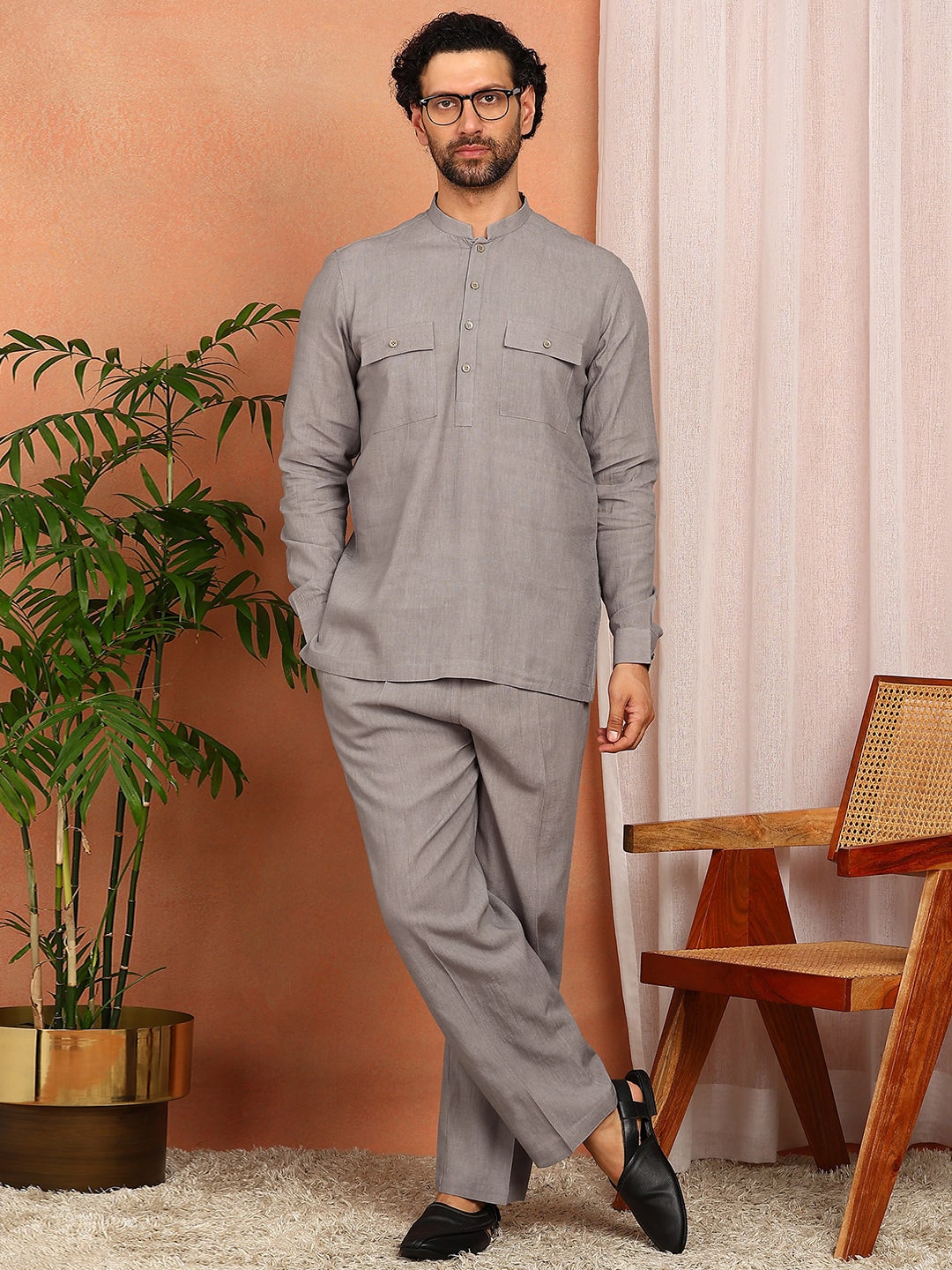 Men's Gray Linen Solid Pathani Co-ord Set