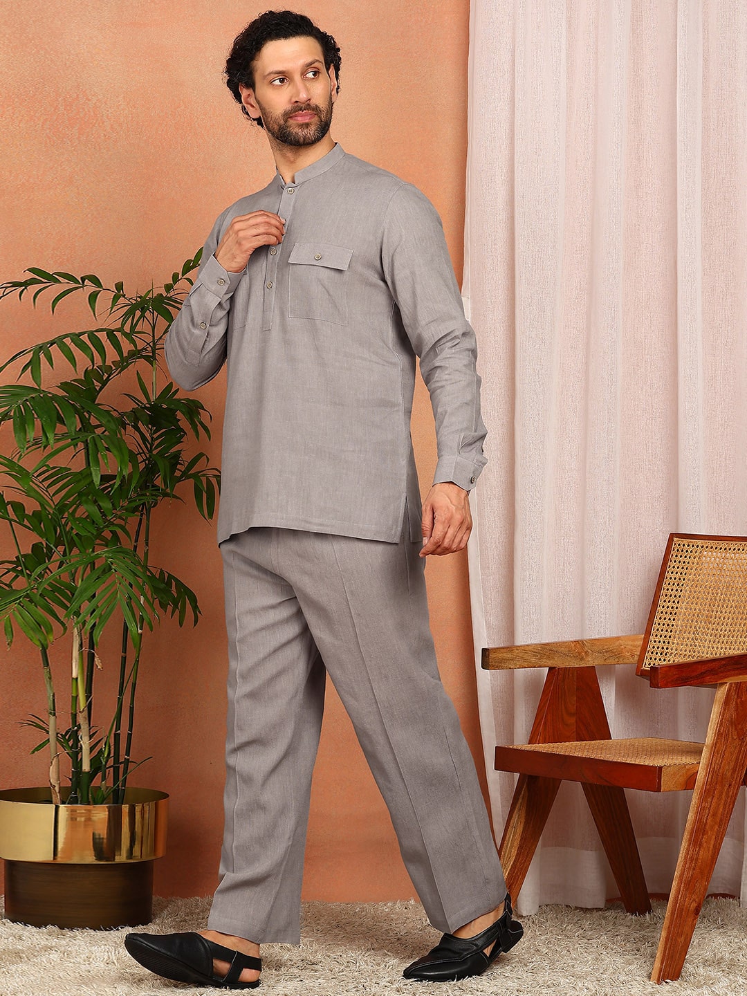 Men's Gray Linen Solid Pathani Co-ord Set