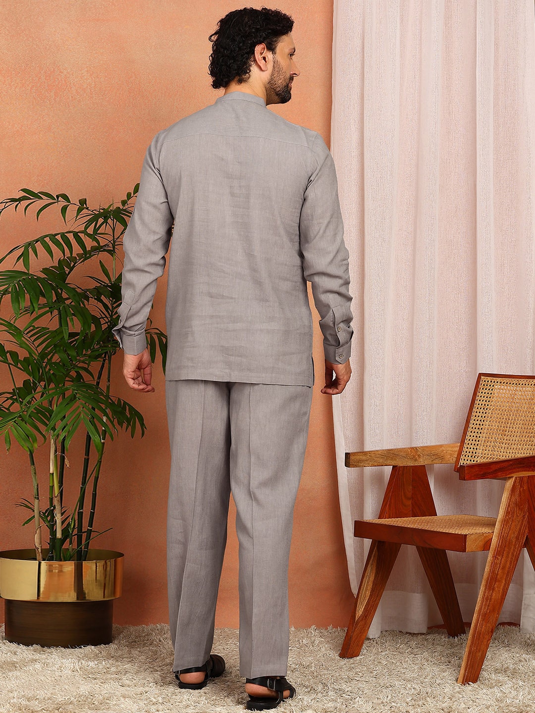 Men's Gray Linen Solid Pathani Co-ord Set