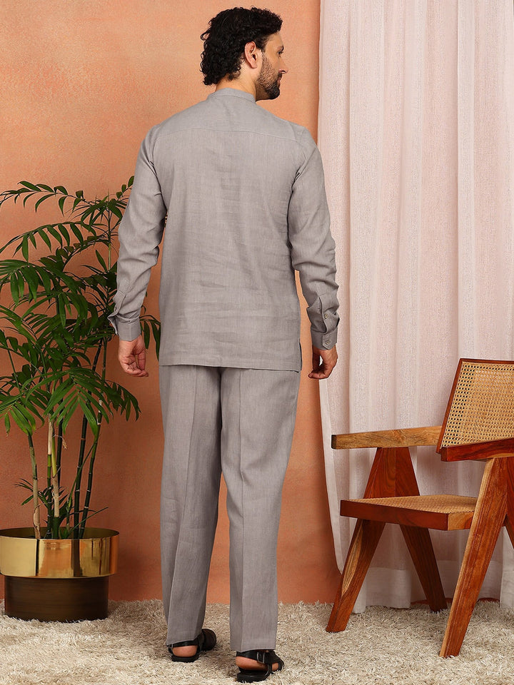 Men's Gray Linen Solid Pathani Co-ord Set