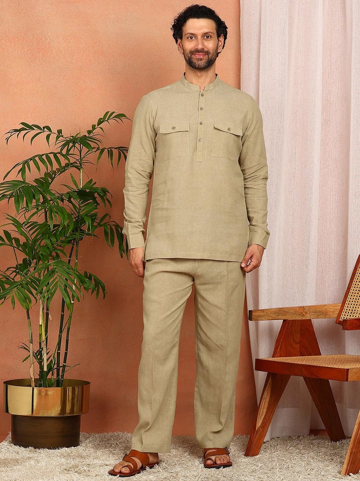 Men's khaki Linen Solid Pathani Co-ord Set