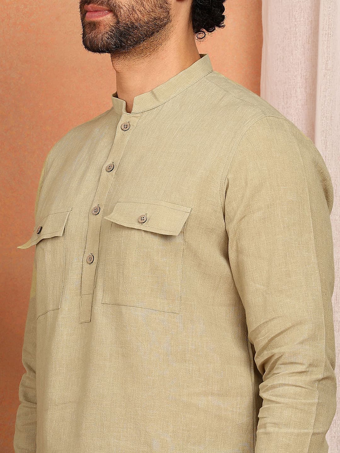 Men's khaki Linen Solid Pathani Co-ord Set