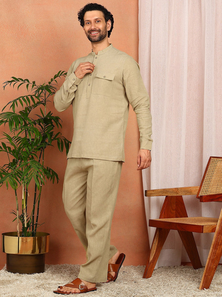 Men's khaki Linen Solid Pathani Co-ord Set