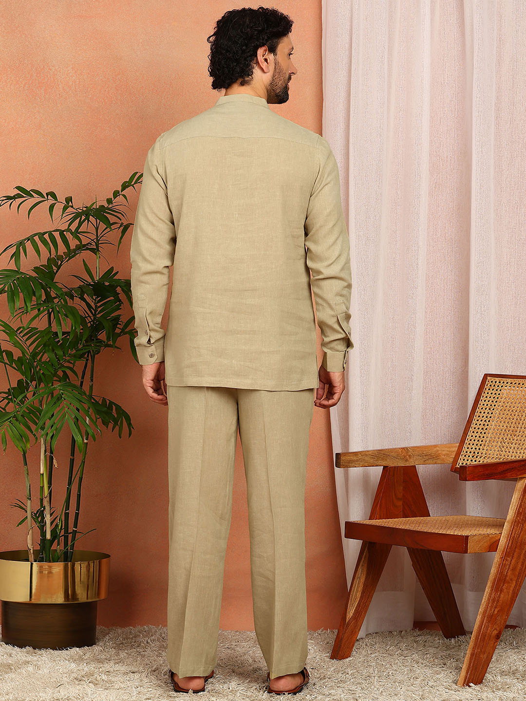 Men's khaki Linen Solid Pathani Co-ord Set