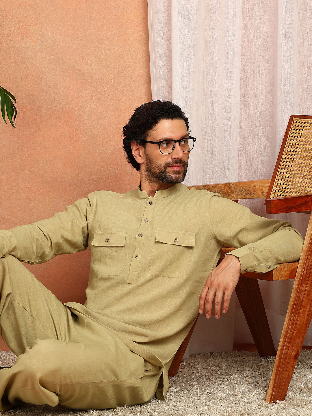 Men's khaki Linen Solid Pathani Co-ord Set